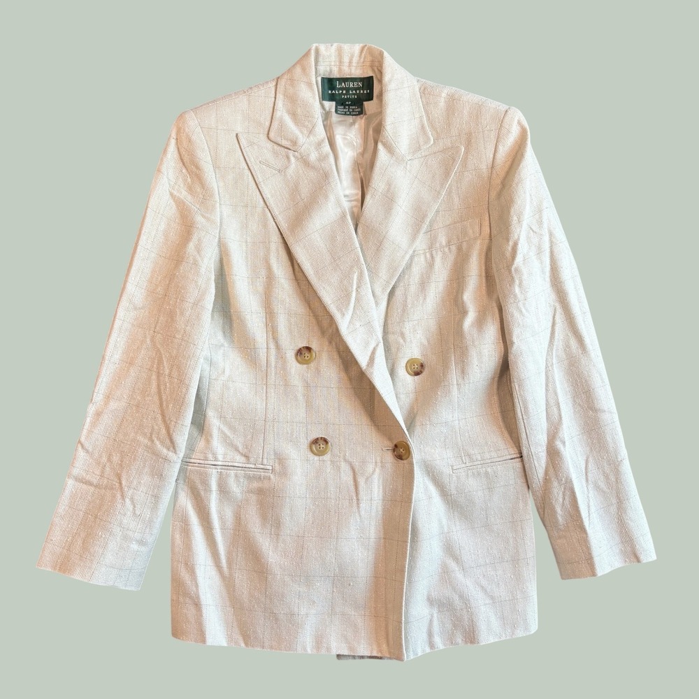 Lauren Ralph Lauren Women Blazer 4P Beige Linen Blend Double Breasted Coastal